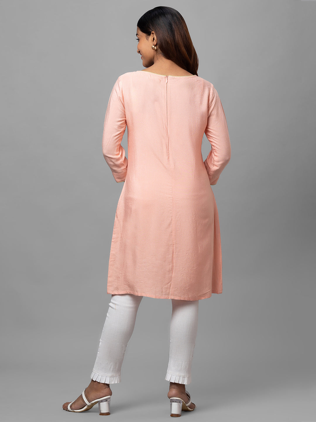 Eco Khadi Silk Peach Hand Embroidered Tunic Dress - Shaye