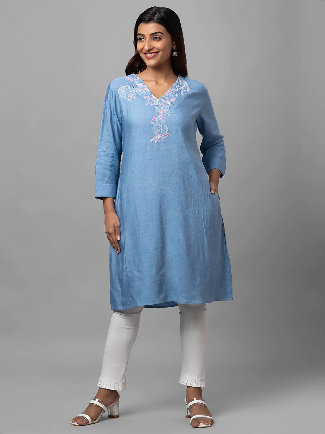 Eco Khadi Silk Blue Hand Embroidered Tunic Dress - Shaye