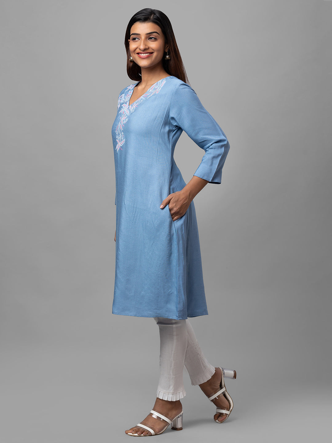 Eco Khadi Silk Blue Hand Embroidered Tunic Dress - Shaye