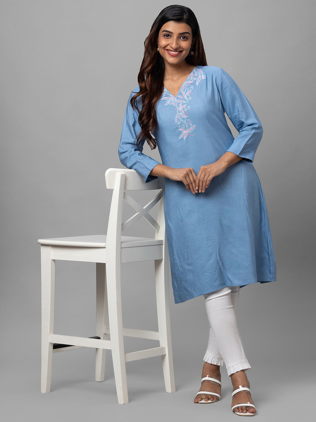 Eco Khadi Silk Blue Hand Embroidered Tunic Dress - Shaye