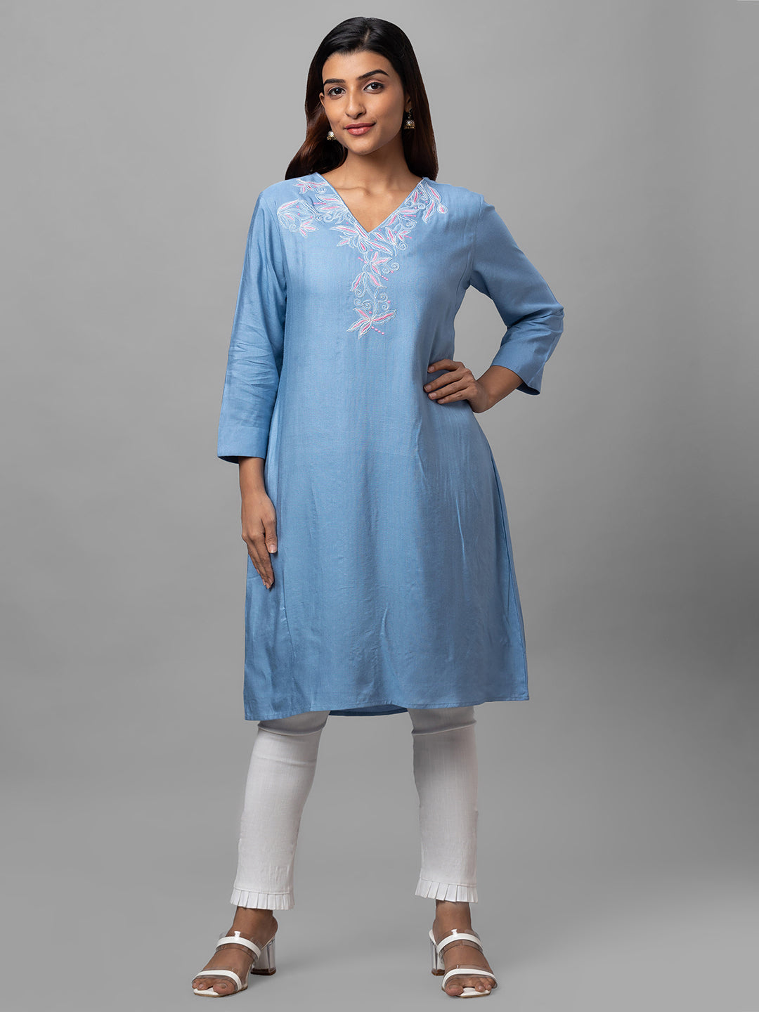 Eco Khadi Silk Blue Hand Embroidered Tunic Dress - Shaye