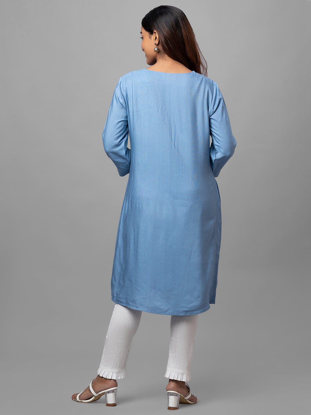 Eco Khadi Silk Blue Hand Embroidered Tunic Dress - Shaye