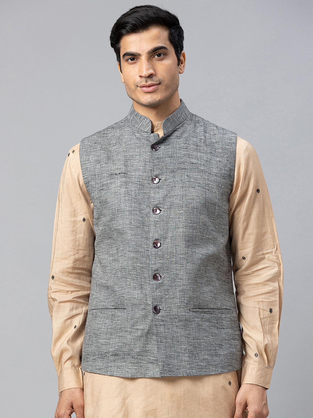 Eco Khadi Cotton Slub Black Nehru Jacket - Rajdeep