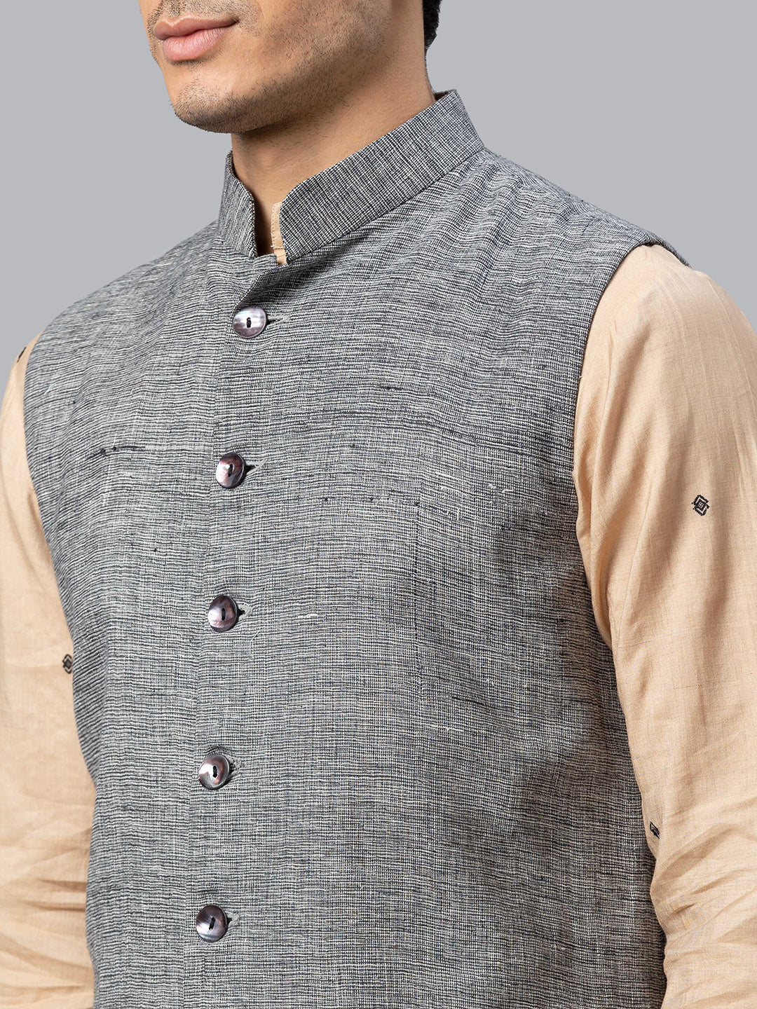 Eco Khadi Cotton Slub Black Nehru Jacket - Rajdeep