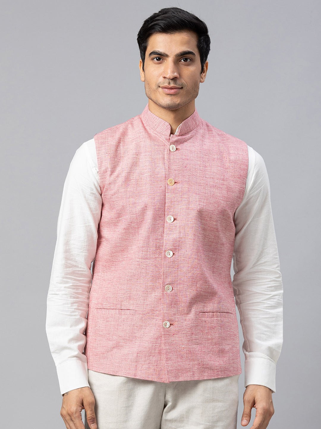 Eco Khadi Cotton Slub Pink Nehru Jacket - Rajdeep