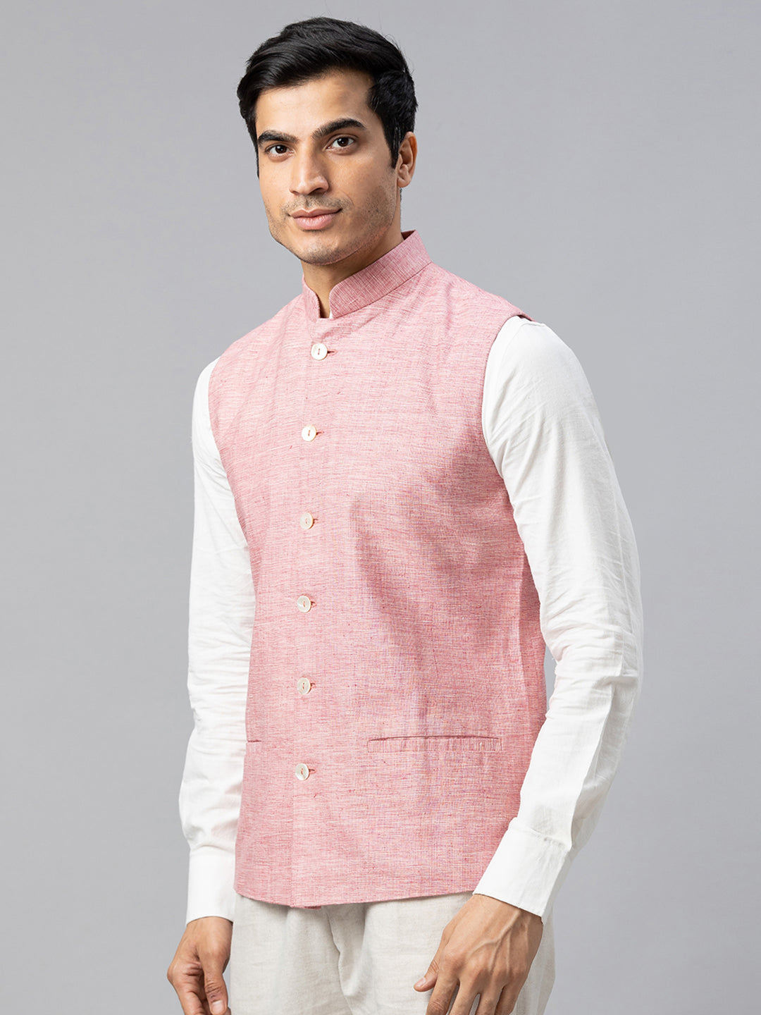 Eco Khadi Cotton Slub Pink Nehru Jacket - Rajdeep