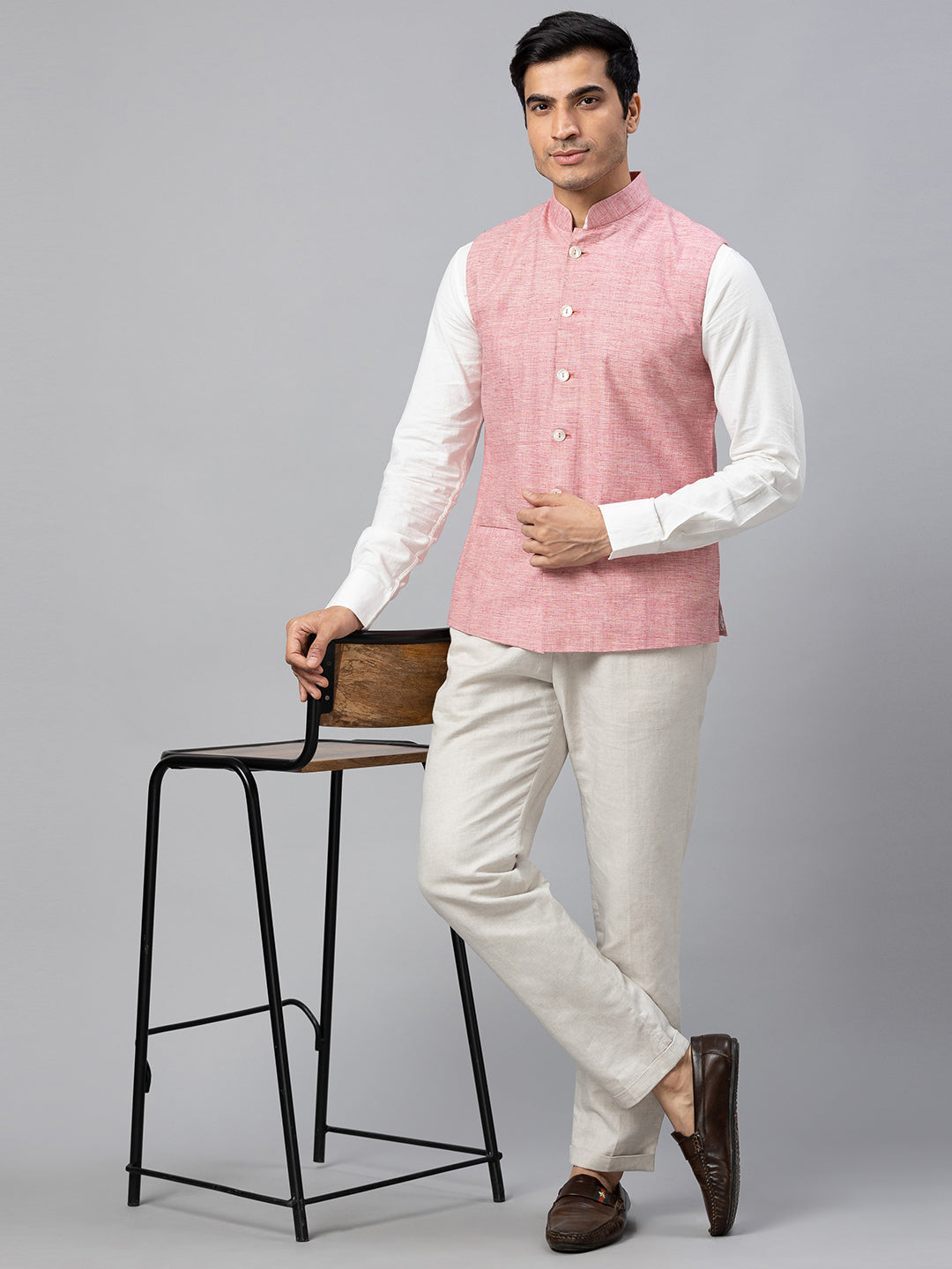 Eco Khadi Cotton Slub Pink Nehru Jacket - Rajdeep