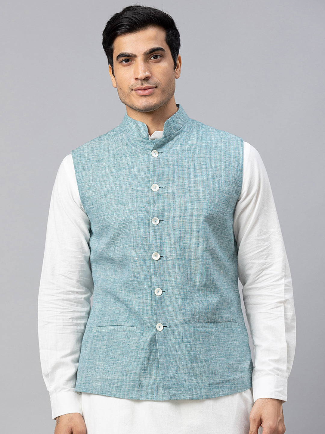 Eco Khadi Cotton Slub Blue Nehru Jacket - Rajdeep