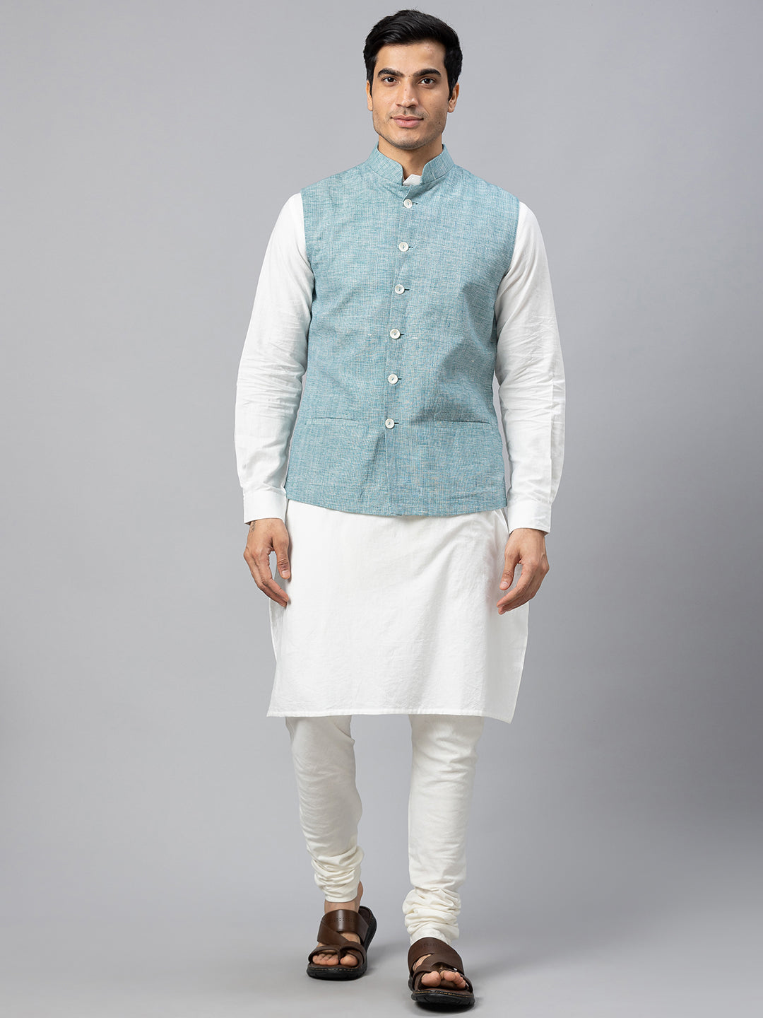 Eco Khadi Cotton Slub Blue Nehru Jacket - Rajdeep
