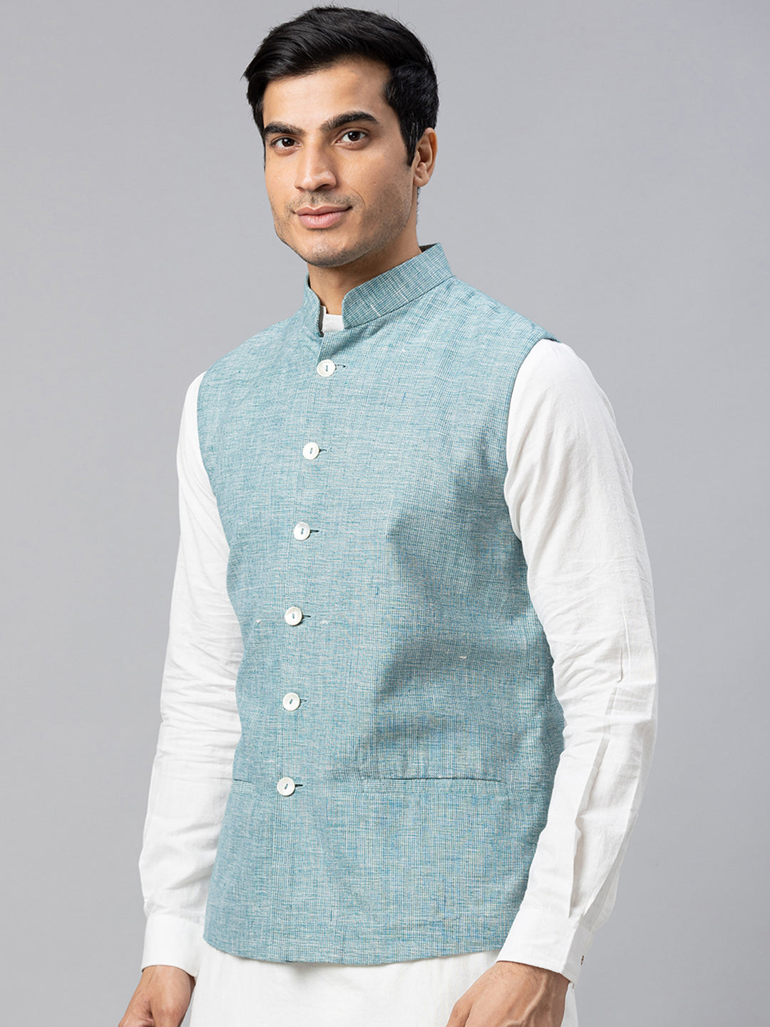 Eco Khadi Cotton Slub Blue Nehru Jacket - Rajdeep
