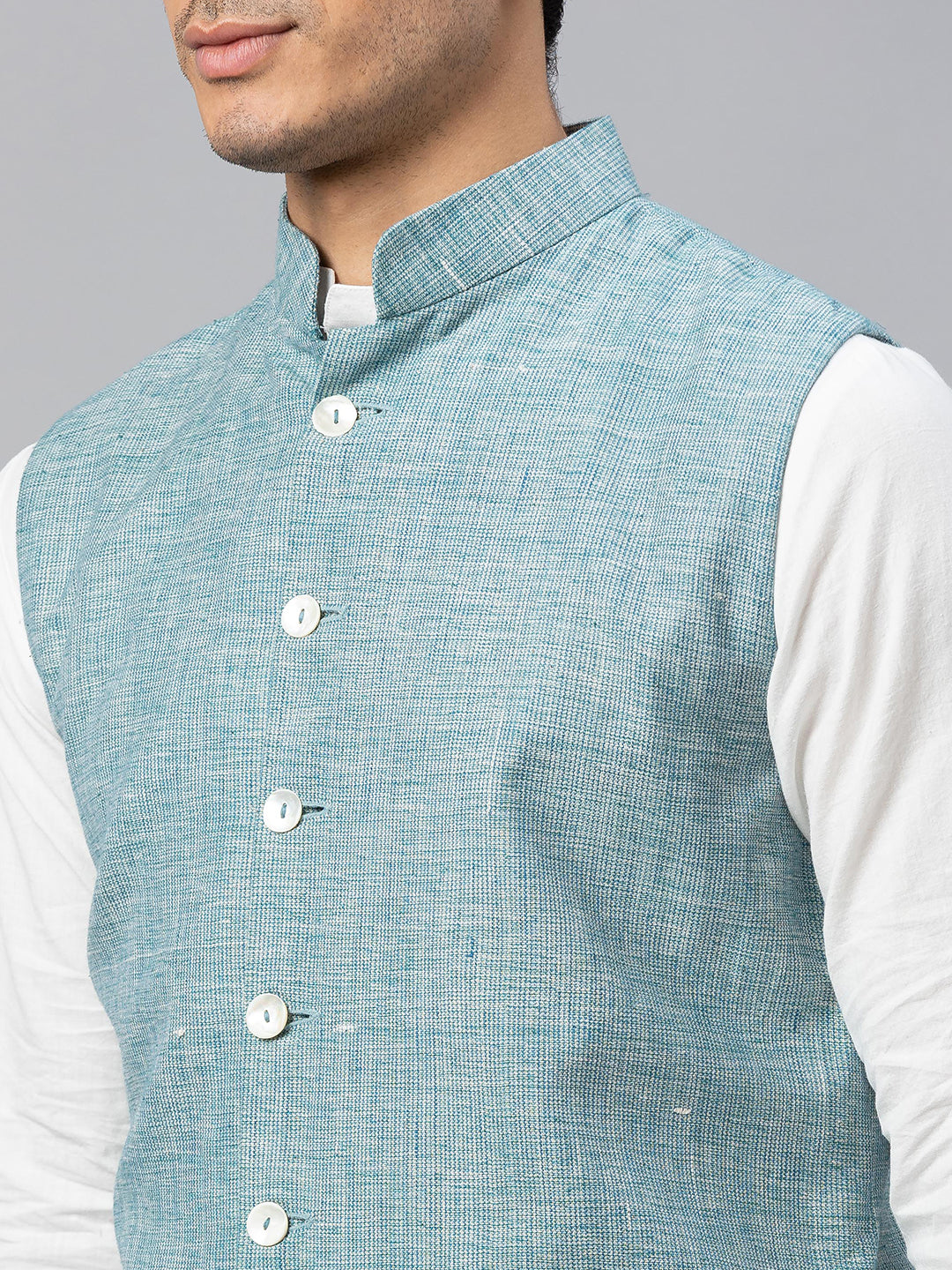 Eco Khadi Cotton Slub Blue Nehru Jacket - Rajdeep
