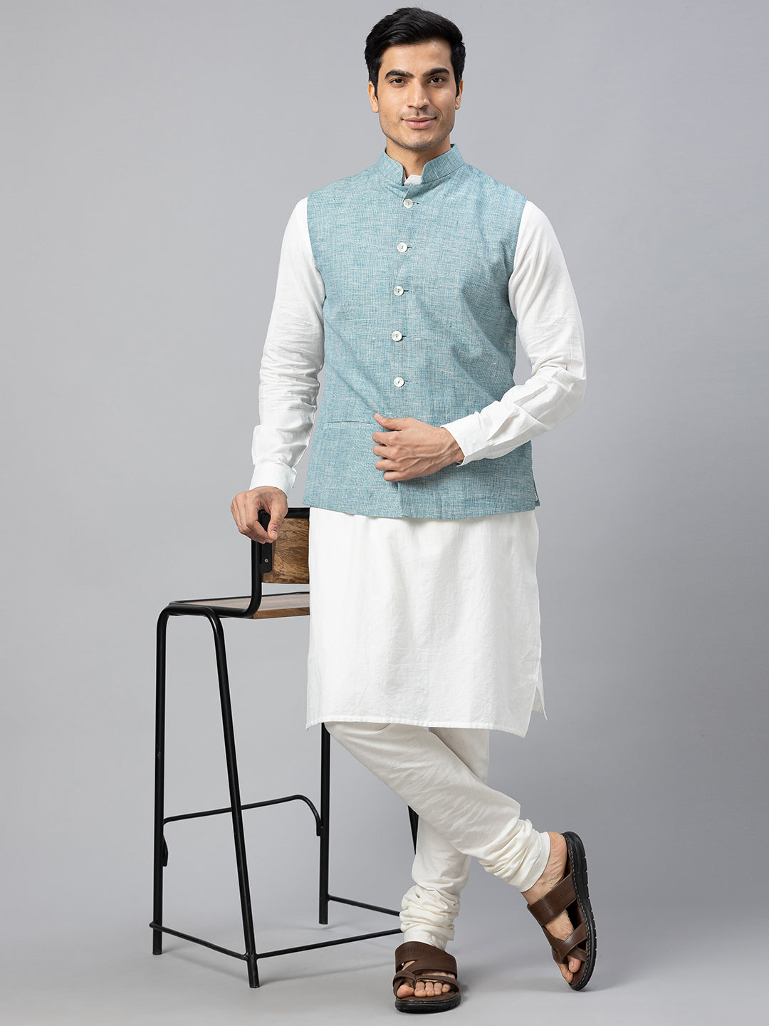 Eco Khadi Cotton Slub Blue Nehru Jacket - Rajdeep