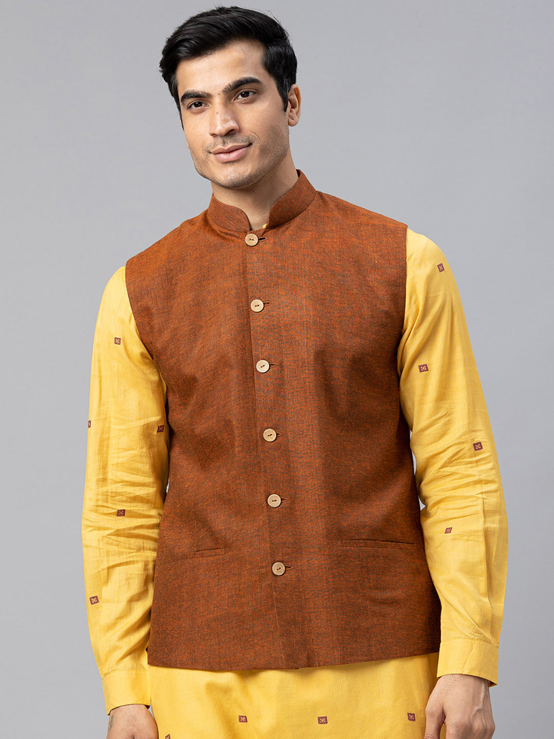 Eco Khadi Cotton Rust Textured Nehru Jacket - Akala