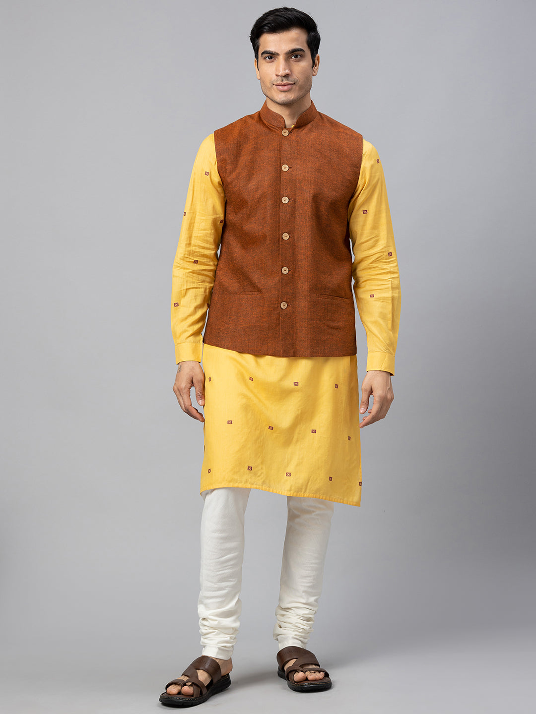 Eco Khadi Cotton Rust Textured Nehru Jacket - Akala