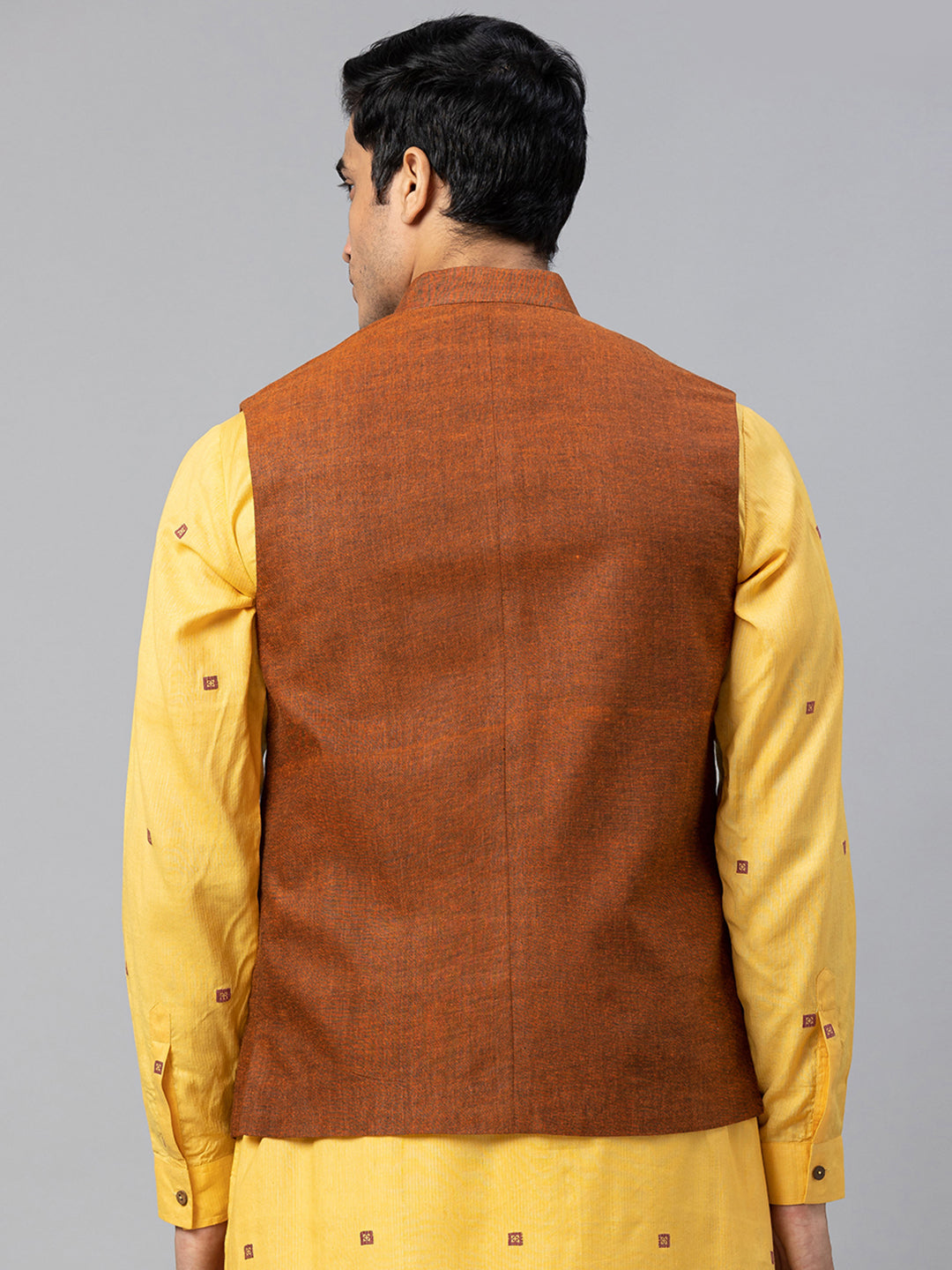 Eco Khadi Cotton Rust Textured Nehru Jacket - Akala