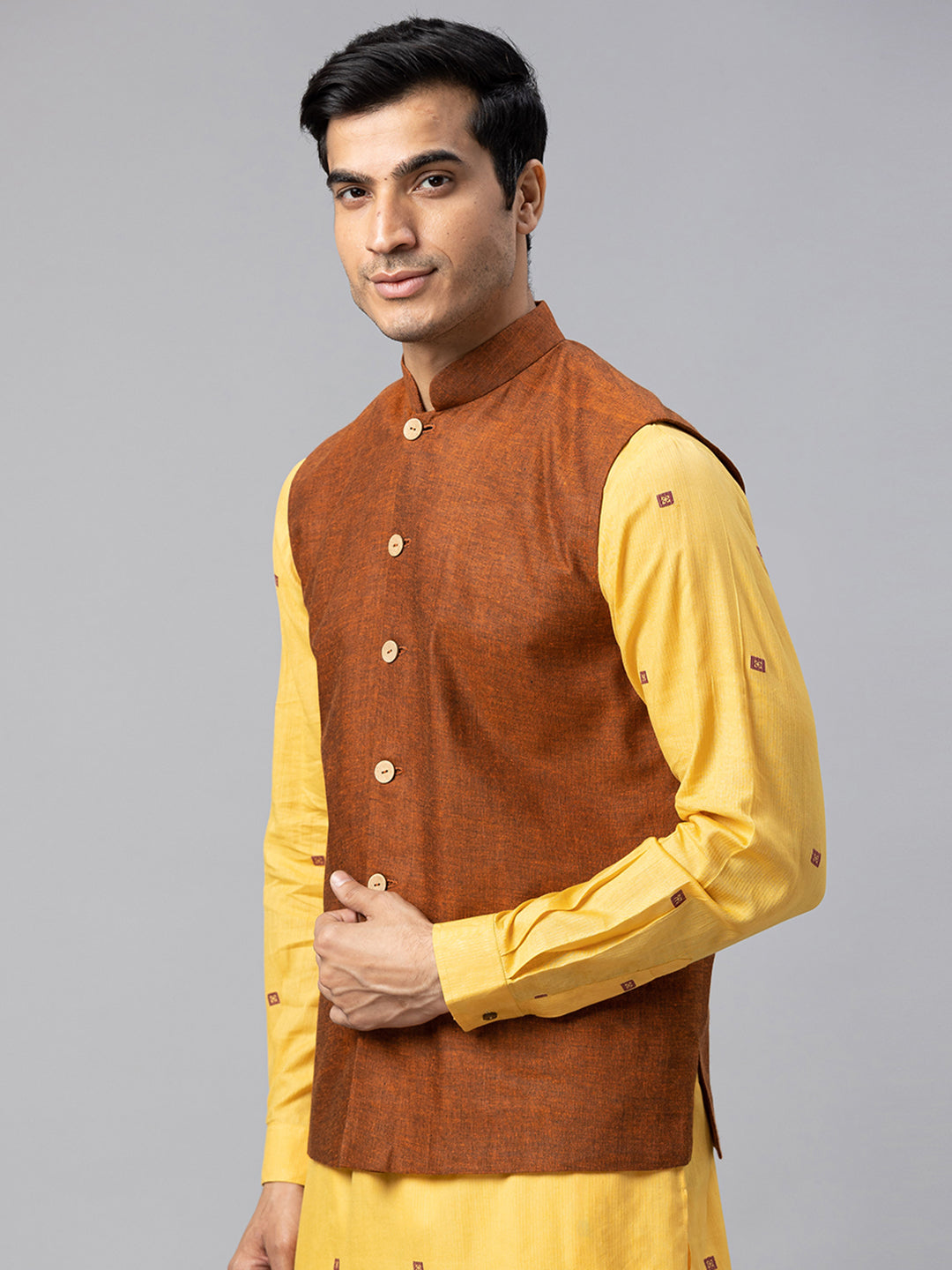 Eco Khadi Cotton Rust Textured Nehru Jacket - Akala