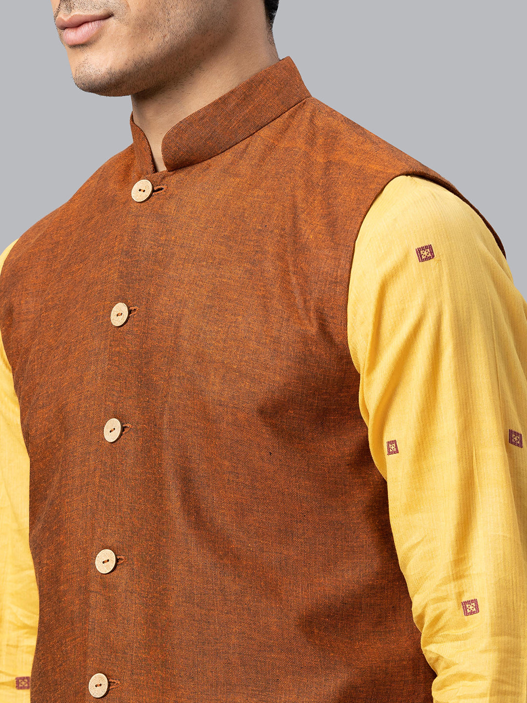 Eco Khadi Cotton Rust Textured Nehru Jacket - Akala
