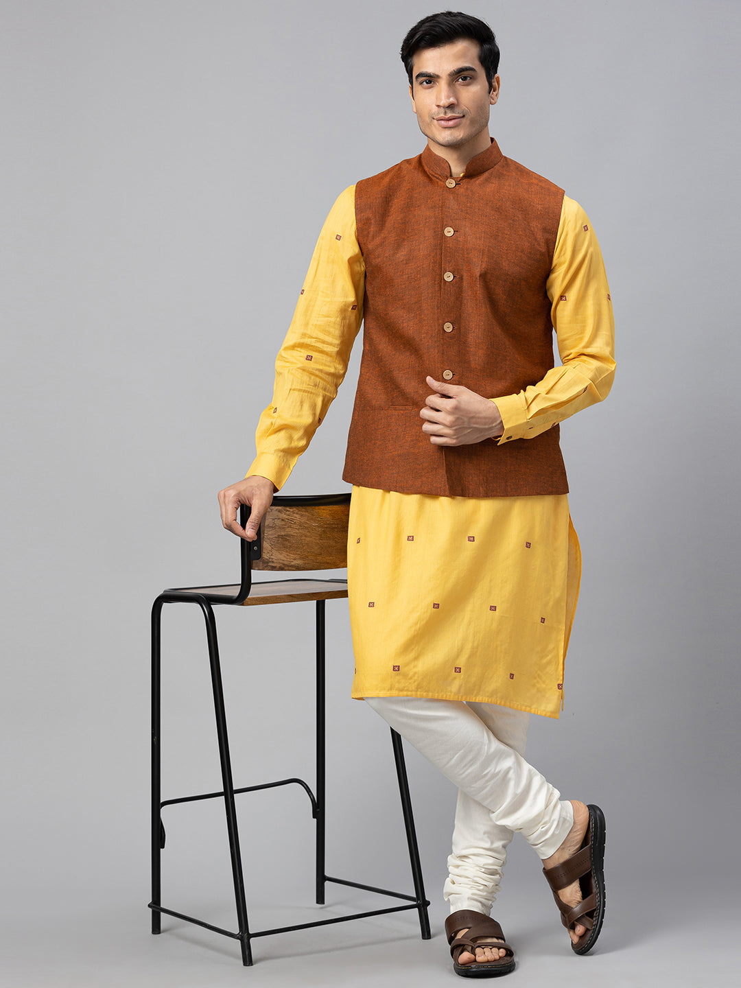Eco Khadi Cotton Rust Textured Nehru Jacket - Akala