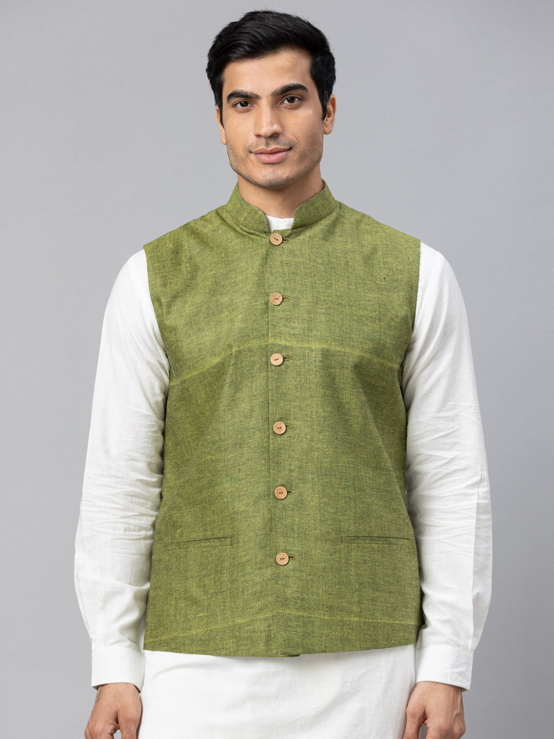 Eco Khadi Cotton Lime Green Textured Nehru Jacket - Akala