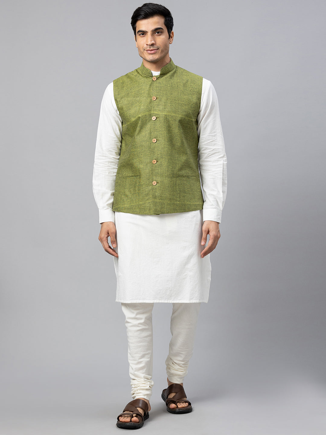 Eco Khadi Cotton Lime Green Textured Nehru Jacket - Akala