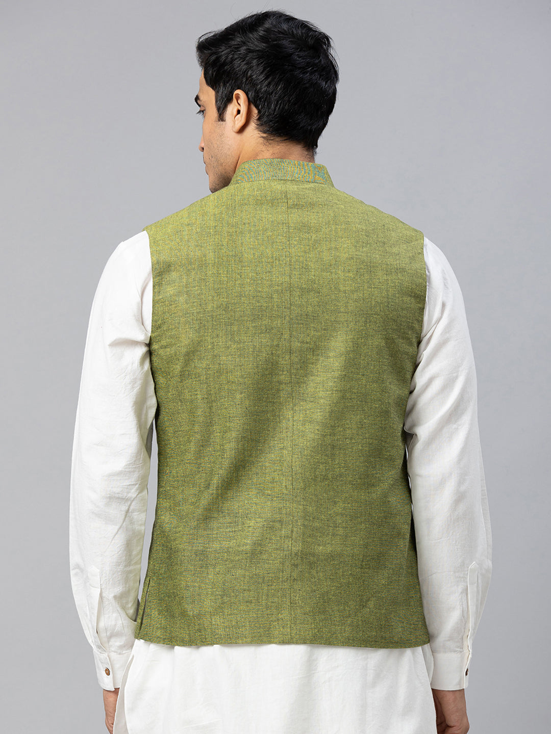 Eco Khadi Cotton Lime Green Textured Nehru Jacket - Akala
