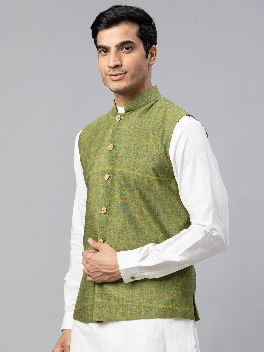 Eco Khadi Cotton  Lime Green Textured Nehru Jacket - Akala