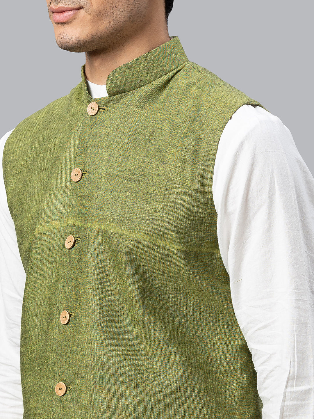 Eco Khadi Cotton  Lime Green Textured Nehru Jacket - Akala