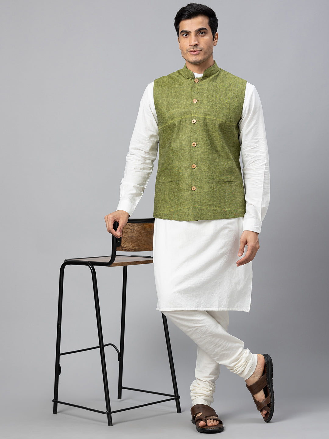 Eco Khadi Cotton Lime Green Textured Nehru Jacket - Akala