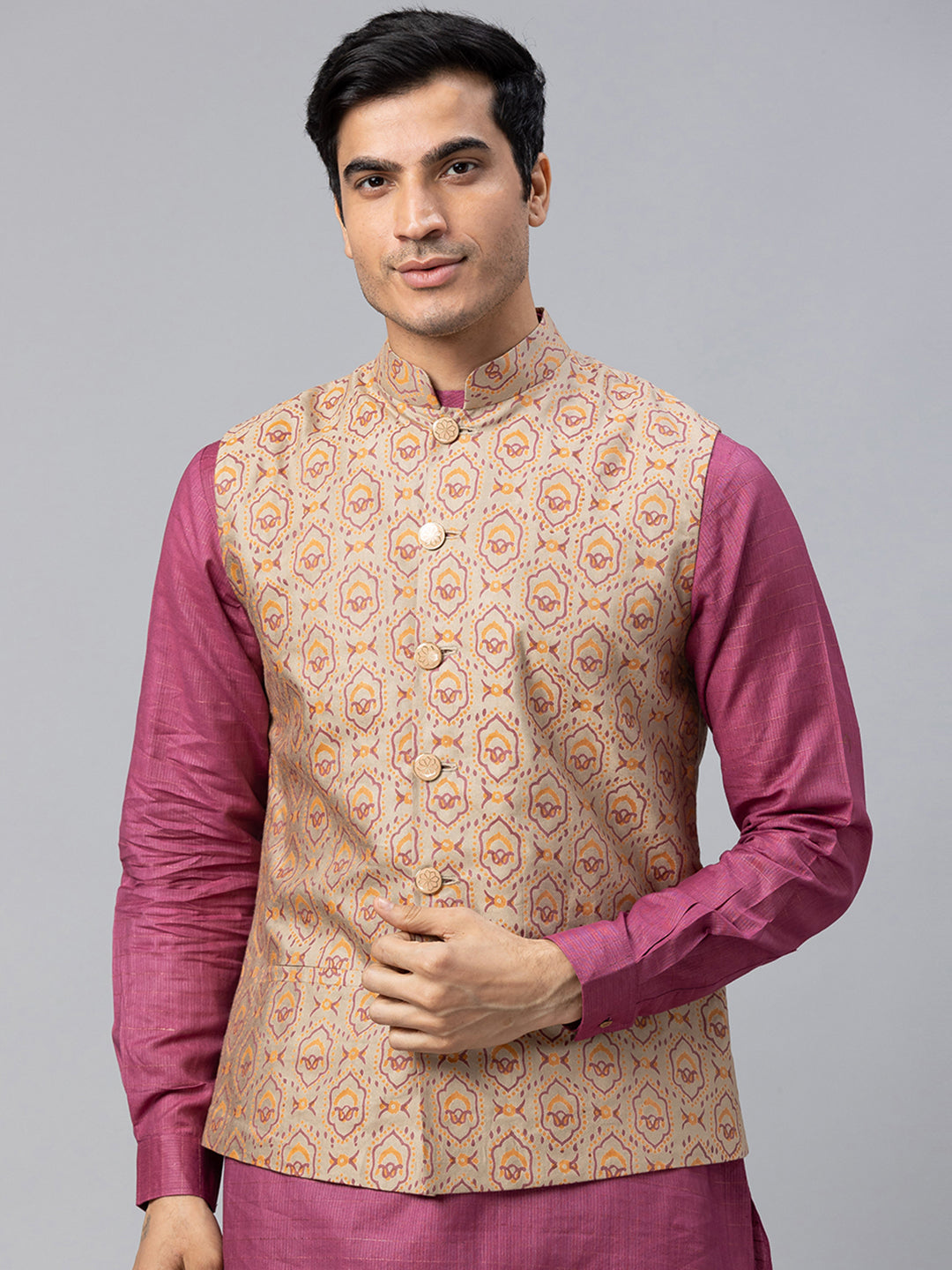 Eco Khadi Silk Beige Multicolor Printed Nehru Jacket - Pranay