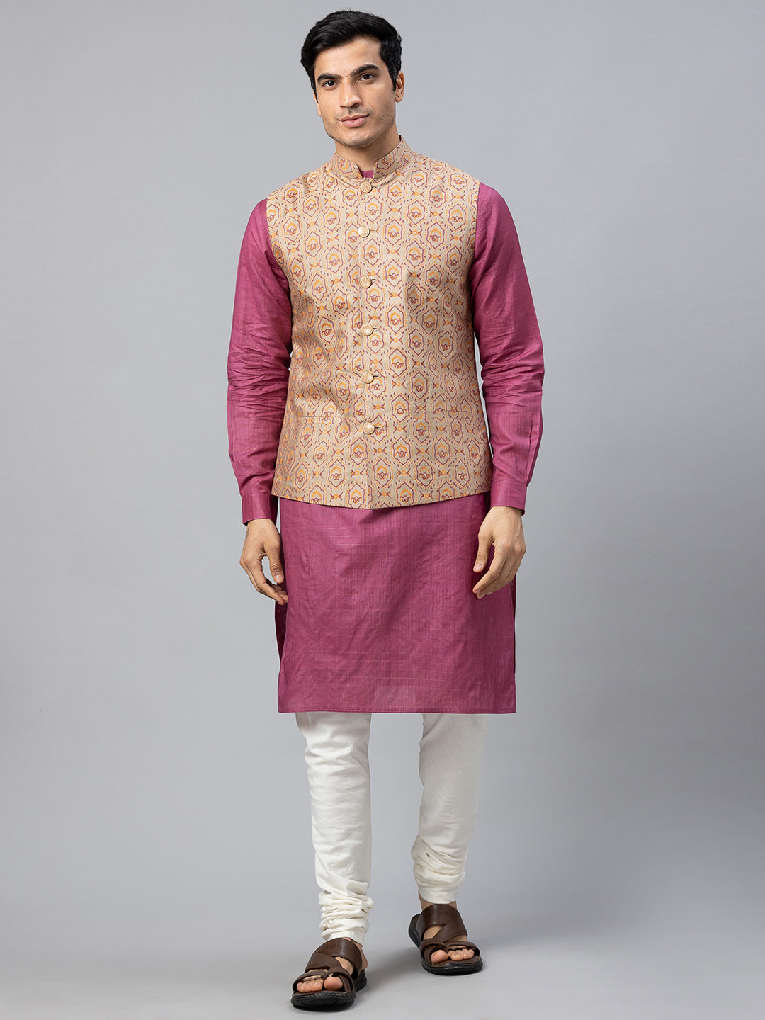 Eco Khadi Silk Beige Multicolor Printed Nehru Jacket - Pranay