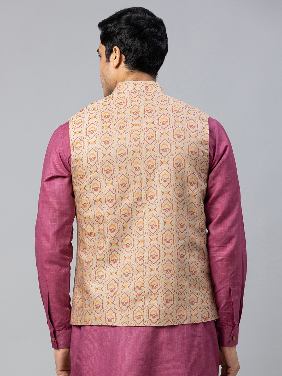 Eco Khadi Silk Beige Multicolor Printed Nehru Jacket - Pranay
