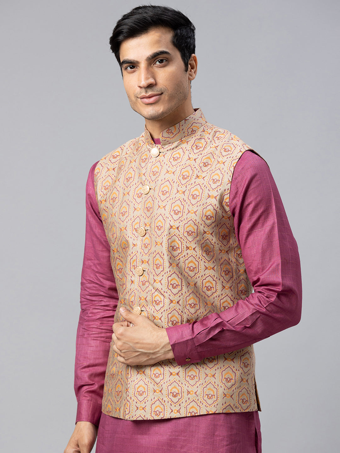 Eco Khadi Silk Beige Multicolor Printed Nehru Jacket - Pranay
