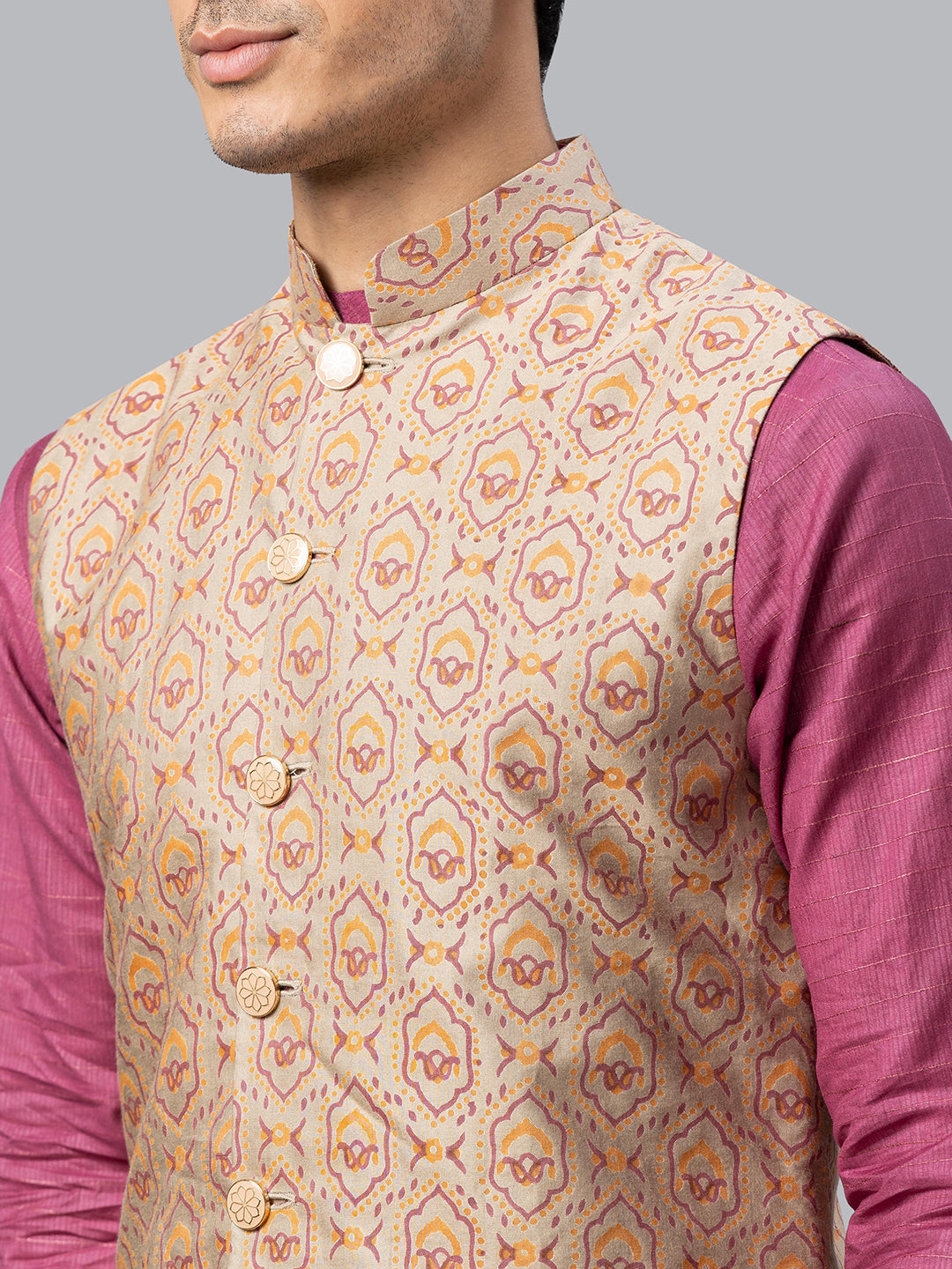 Eco Khadi Silk Beige Multicolor Printed Nehru Jacket - Pranay