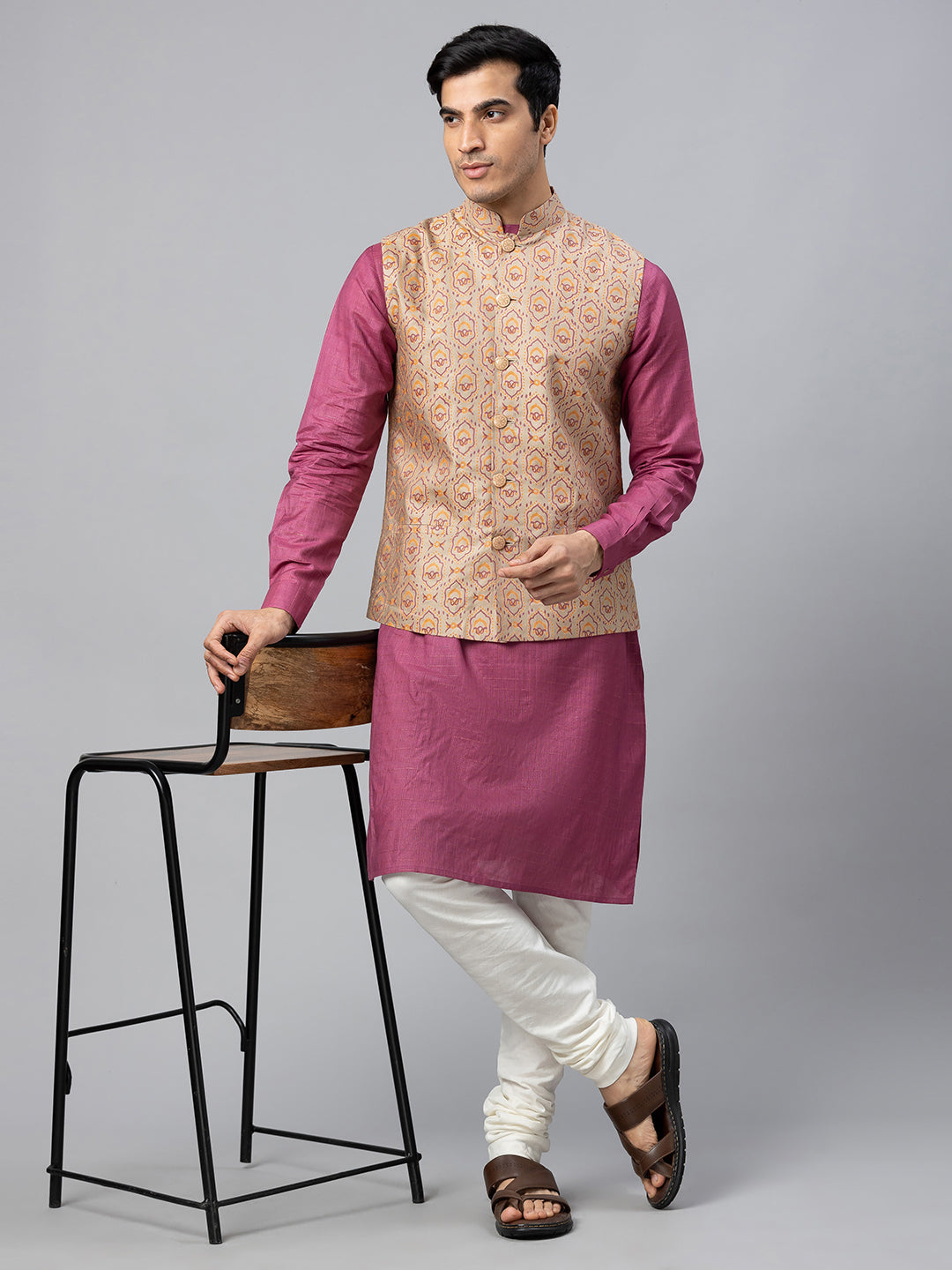 Eco Khadi Silk Beige Multicolor Printed Nehru Jacket - Pranay