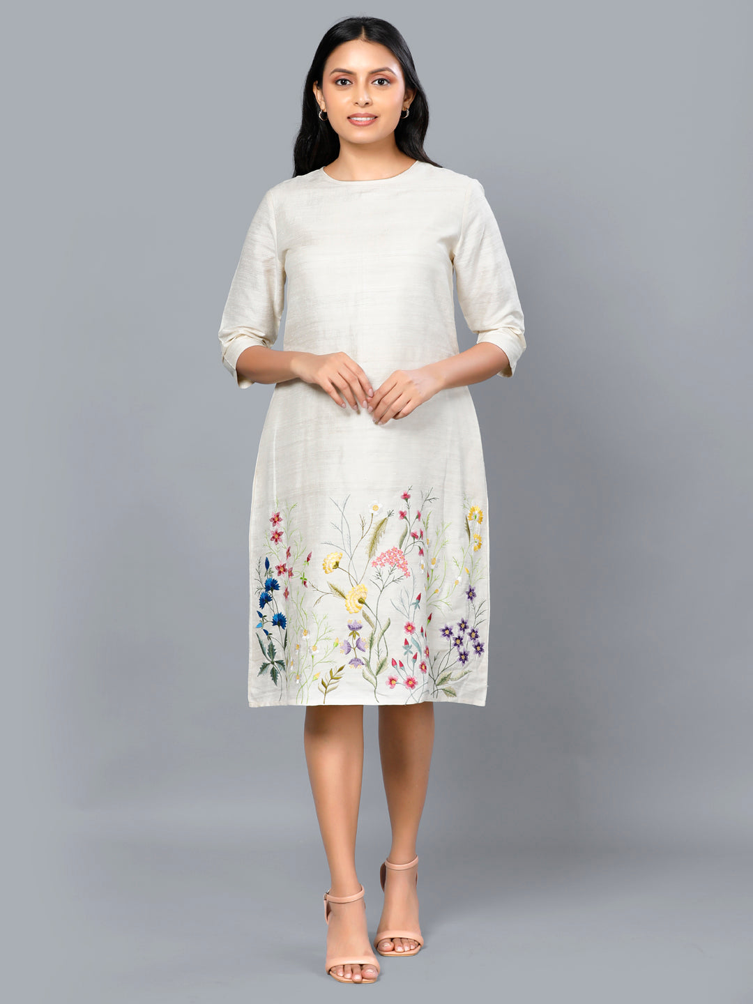 Eco Khadi Silk Ivory Floral Embroidered Dress