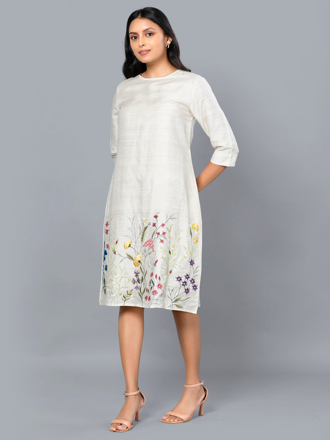 Eco Khadi Silk Ivory Floral Embroidered Dress