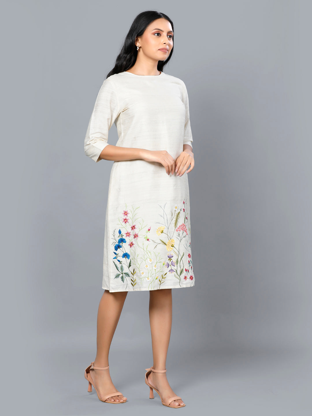 Eco Khadi Silk Ivory Floral Embroidered Dress