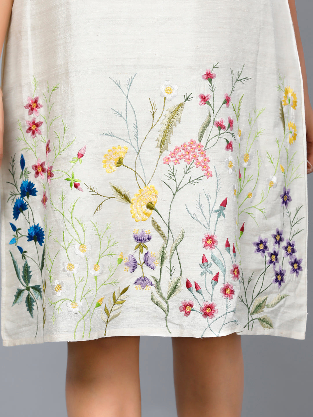 Eco Khadi Silk Ivory Floral Embroidered Dress