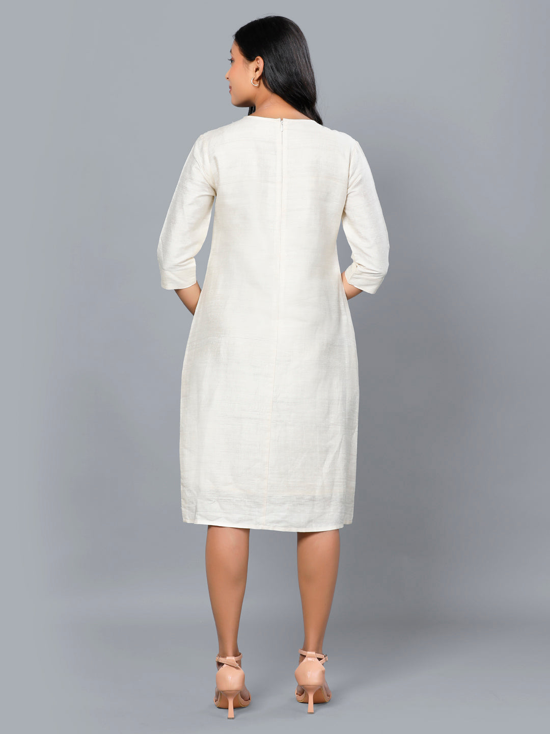 Eco Khadi Silk Ivory Floral Embroidered Dress