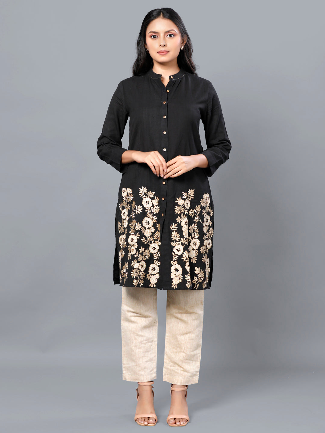 Eco Khadi Cotton Black Tunic Kurta with Silk Applique- Ayra