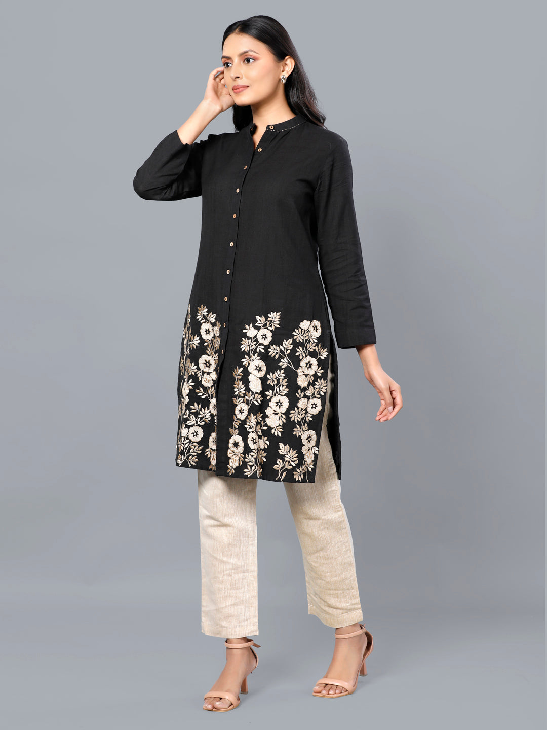 Eco Khadi Cotton Black Tunic Kurta with Silk Applique- Ayra