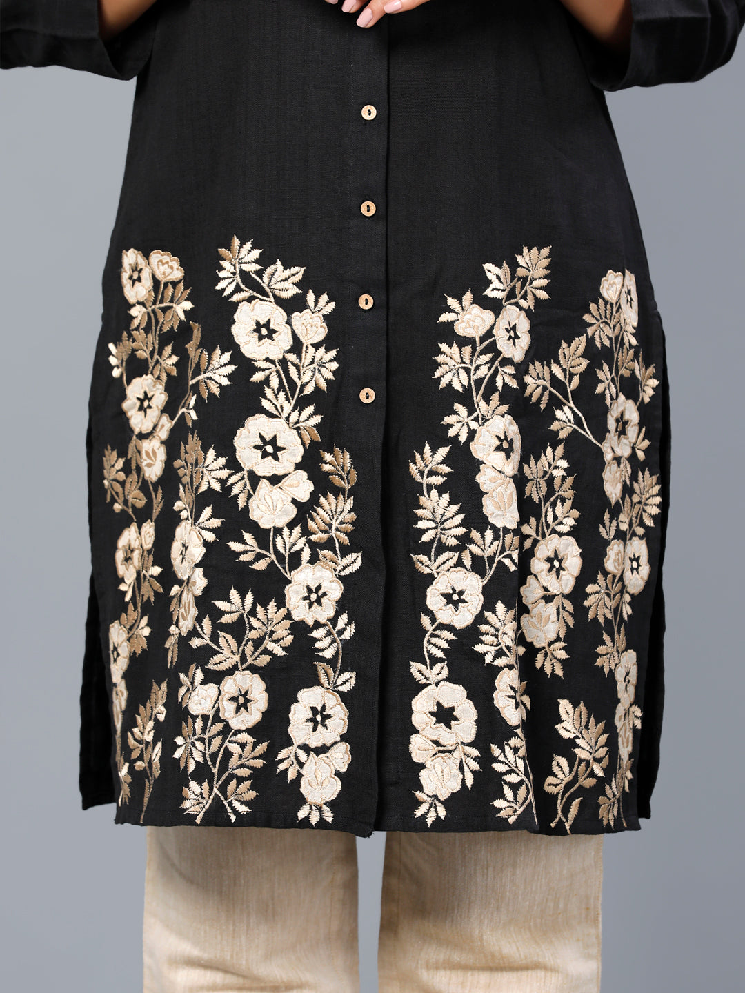Eco Khadi Cotton Black Tunic Kurta with Silk Applique- Ayra