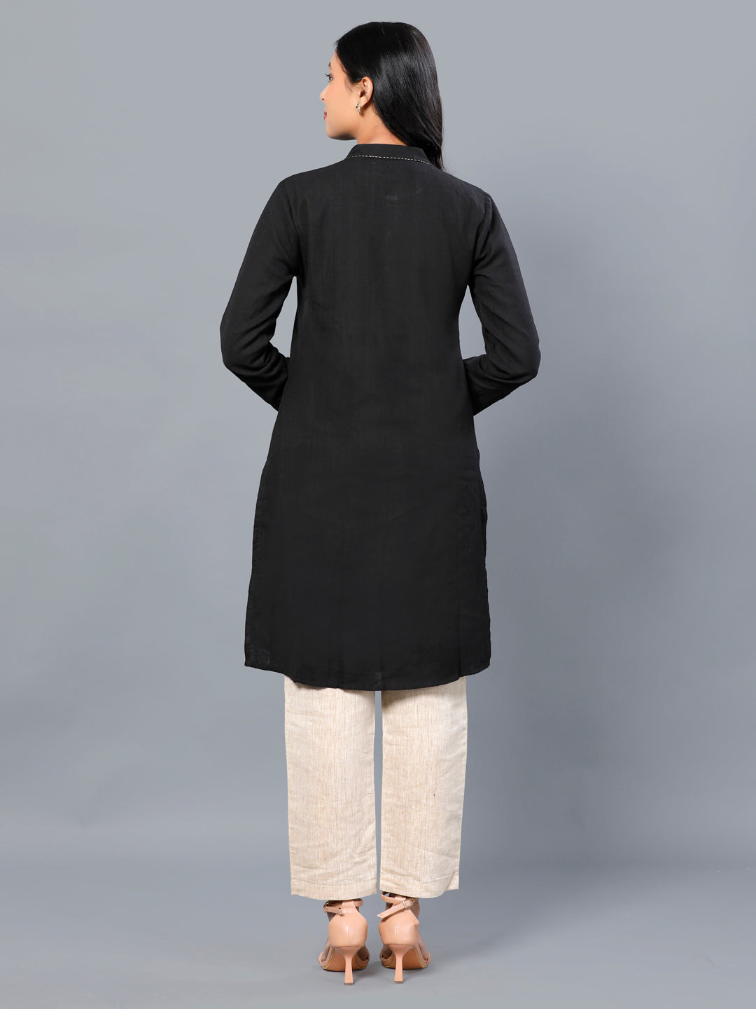 Eco Khadi Cotton Black Tunic Kurta with Silk Applique- Ayra