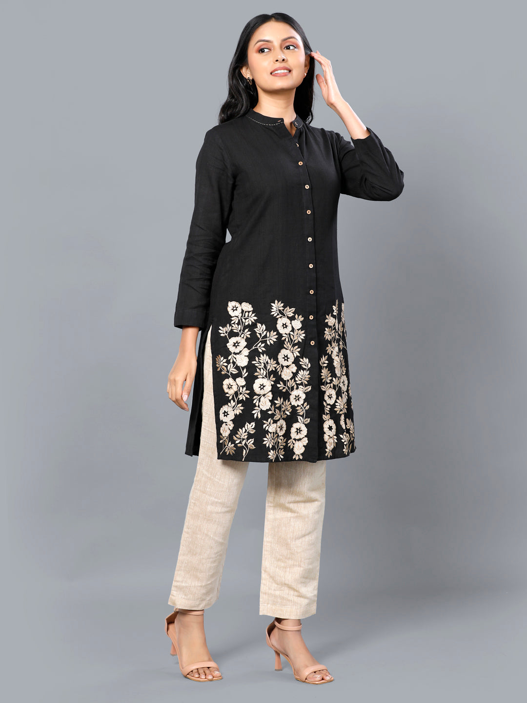 Eco Khadi Cotton Black Tunic Kurta with Silk Applique- Ayra