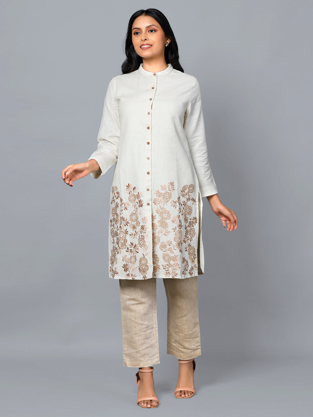 Eco Khadi Cotton White Tunic Kurta with Silk Applique- Ayra