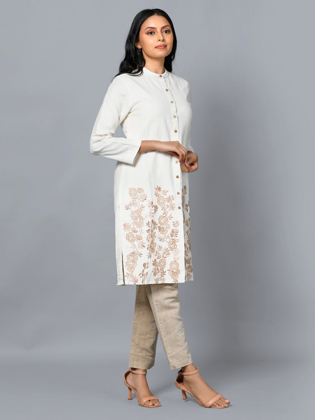 Eco Khadi Cotton White Tunic Kurta with Silk Applique- Ayra