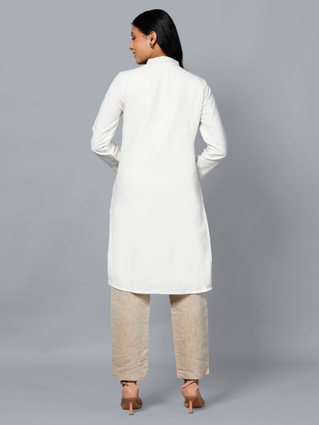 Eco Khadi Cotton White Tunic Kurta with Silk Applique- Ayra