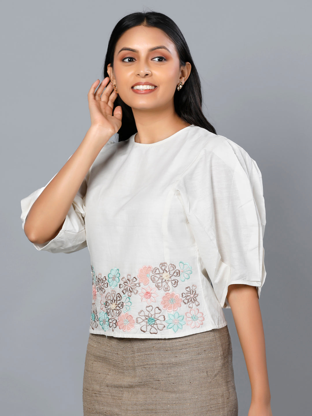Eco Khadi Silk Ivory Floral Applique Top