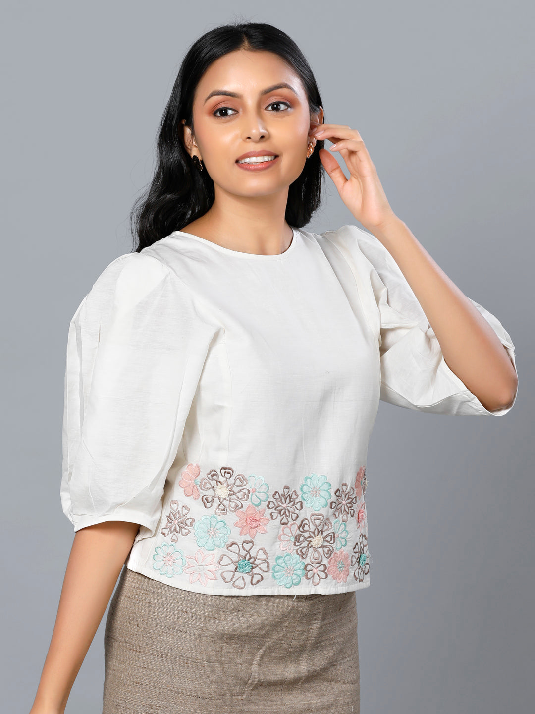 Eco Khadi Silk Ivory Floral Applique Top