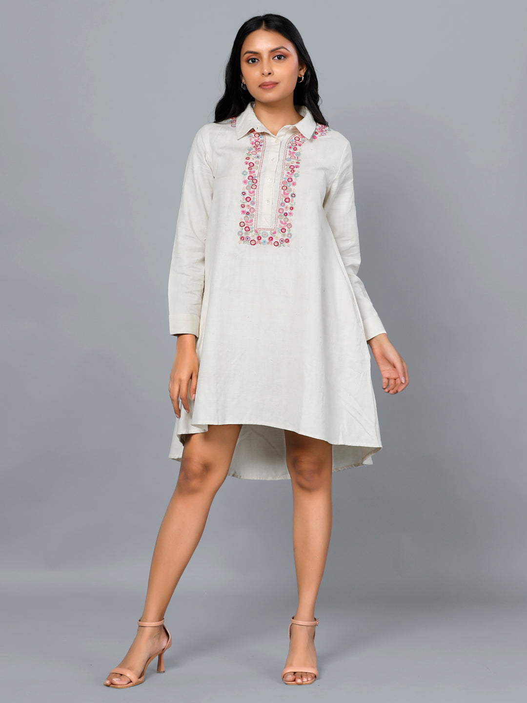 Eco Khadi Silk Ivory Floral Embroidered Tunic - Meher